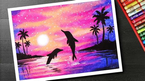 Dolphin Oil Pastel Sunset Scenery Drawing - Filhosdolaranjal