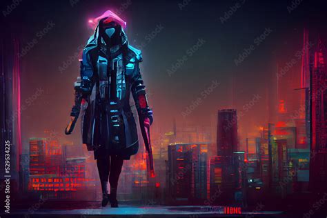 cyberpunk assasin figure in night cyberpunk style neon illuminated city ...