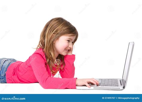 Smiling Young Girl Typing on Laptop Stock Image - Image of girl, laughter: 37499707