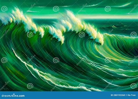 Abstract Green Wave Background, Digital Art Painting Stock Illustration - Illustration of liquid ...