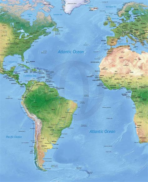 Vector Map of the Atlantic Ocean political with shaded relief | One Stop Map