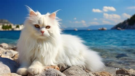 Premium AI Image | white cute angora cat sitting on the beach pet traveling concept