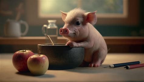 Premium Photo | Baby pig eating applesauce image ai generated art