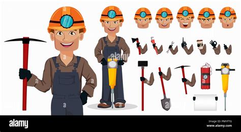 Miner man, mining worker. Handsome cartoon character. Set of equipment, tools and emotions ...