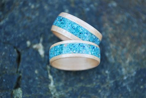 Wood Ring Set Wood Wedding Bands Wooden Wedding Band Set White Oak Wedding Bands Teal Inlay ...