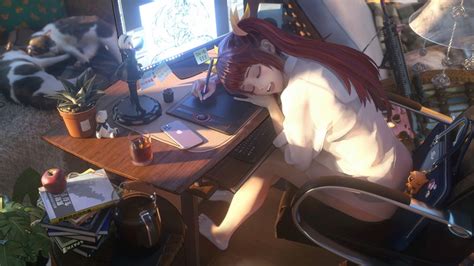 anime, girl, sleeping, drawing, computer, cats, 4k, HD Wallpaper | Rare ...