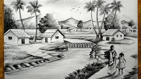 Scenery Drawing Pencil, Pencil Sketches Landscape, Landscape Drawing Easy, Easy Scenery Drawing ...