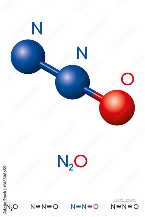 Nitrous oxide, N2O, laughing gas, molecule model and chemical formula ...