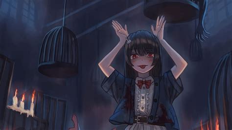 Anime girl, creepy, red eyes, bird cage, ribbon, tongue, Anime, HD wallpaper | Peakpx