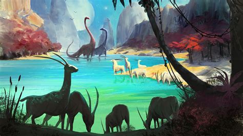 digital art, Nature, Landscape, Prehistoric, Dinosaurs, Animals, Wildlife, Fantasy art, Lake ...