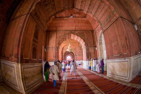 Delhi, India - September 27, 2017: Unidentified People Walking in the Hall Inside of the Temple ...