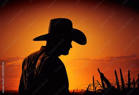 Silhouette of a farmer in a field at sunset. AI Generated Stock Illustration | Adobe Stock