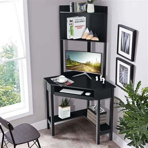 Buy Tangkula Corner Desk with Hutch, 90 Degrees Triangle Corner Computer Desk with Keyboard Tray ...