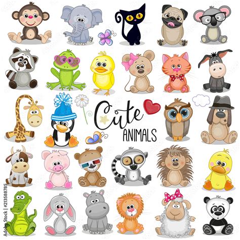 Set of Cute Cartoon Animals Stock Vector | Adobe Stock