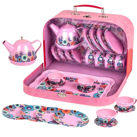 UNIH Tea Party Set for Little Girls, Kids Tea Set Pretend Toy Tin Tea ...