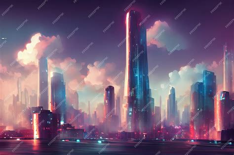 Premium Photo | Futuristic city Concept Art Cityscape with bright neon lights 3D illustration