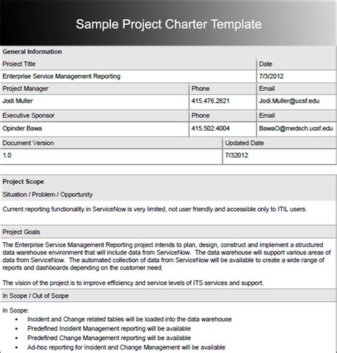 Project Charter Excel Template