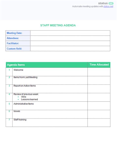 Staff Meeting Agenda Template Free