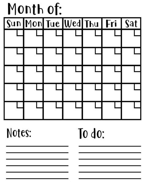 Blank Calendar with notes & to do svg file Month Of svg | Etsy | Blank ...