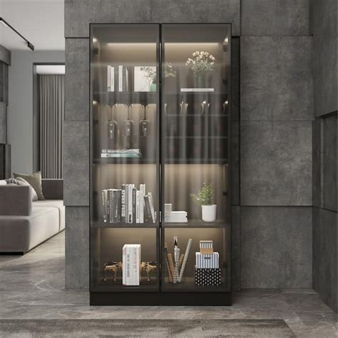 FUFU&GAGA Black Wood Storage Cabinet Display Cabinet With Wine Cubes, Pop up Glass Doors, 3 ...