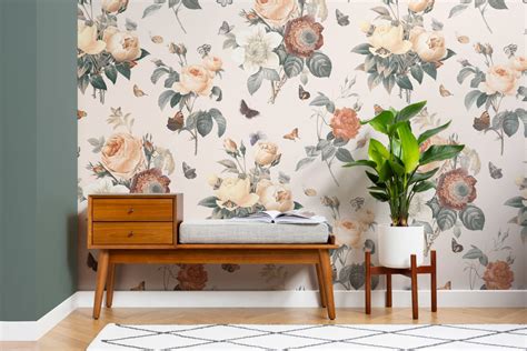 Cream & Orange Vintage Floral Butterfly Wallpaper Mural | Hovia CA