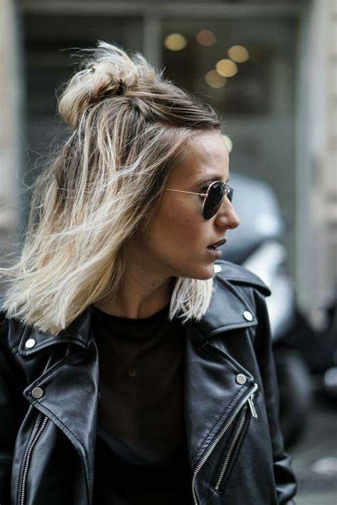 35+ Cute & Easy Ways to Style Short Hair : Messy Bun Half Up Lob Hair