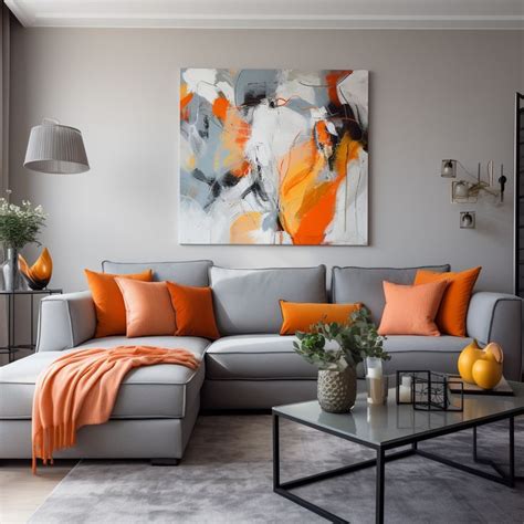 a living room with grey couches, orange pillows and a painting on the wall