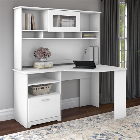 Cabot Modern 60W Corner Desk with Hutch, includes File Drawer and Storage Shelves in White ...