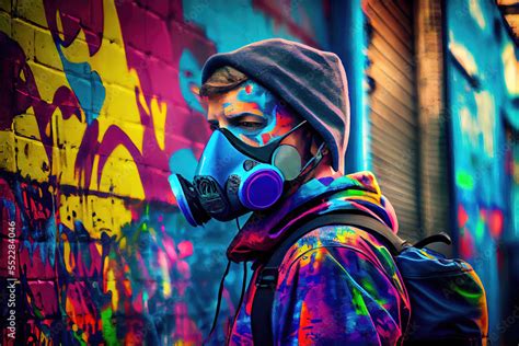 Graffiti sprayer (fictional person) with chemical mask in front of spray paint wall (Generative ...