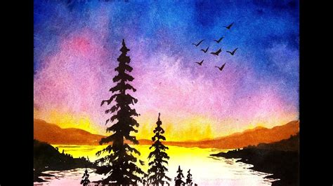 How To Draw Sunset Scenery With Watercolor / Again, start at the horizon line with there's more ...