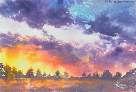 Atmospheric Sunset Watercolor Painting, Colorful Sky Watercolor, Original Watercolor Landscape ...