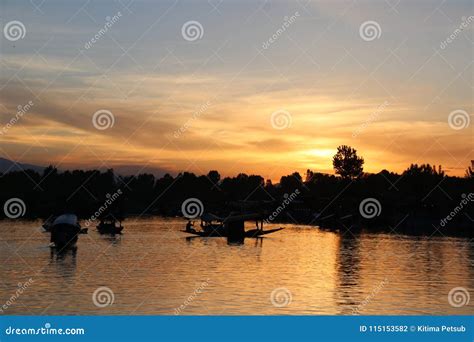 Landscape Sunset of Houseboats and Shikara on Dal Lake Stock Photo ...