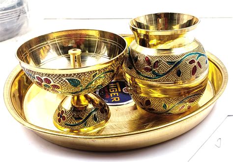 Thali Set Pooja Thali Items Decorative Brass Pooja Lota 2 Bowl Brass Meena Kari Diya Poojan ...