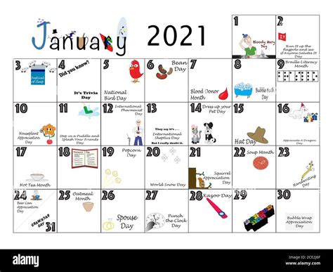 January monthly calendar illustrated and annotated with daily Quirky Holidays and Unusual ...