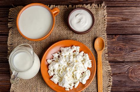 Premium Photo | Homemade fermented milk products kefir, cottage cheese, sour cream