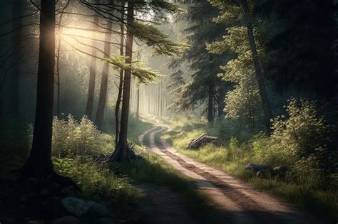 Premium AI Image | A forest path among trees on a misty autumn morning