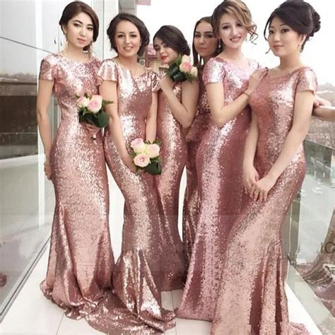 2016 Rose Gold Capped Sleeves Metallic Mermaid Bridesmaid Dresses New Maid Of Honor Gowns ...