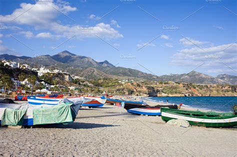 Fishing Boats on Nerja Beach | High-Quality Industrial Stock Photos ...