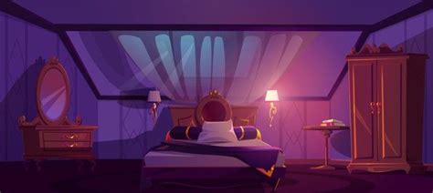 Download Luxury Bedroom Interior On Attic At Night. Vector Cartoon Mansard Sleeping Room With ...