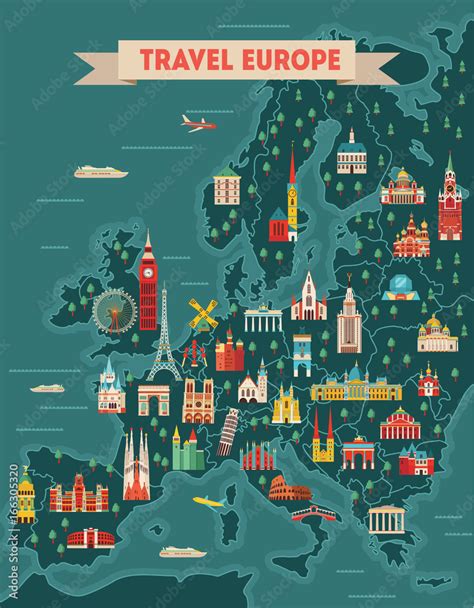 Europe travel map poster. Travel and tourism background. Vector illustration Stock Vector ...