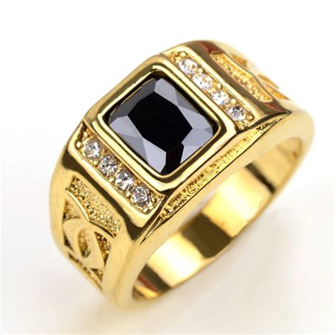 18K Real Gold Plated Finger Rings For Men With Black Stone Cubic Zirconia New 2016 Fashion Men ...