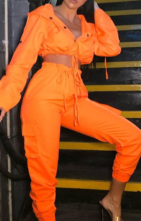 Neon Orange Button Up Tracksuit Set | Tracksuits | Femme Luxe