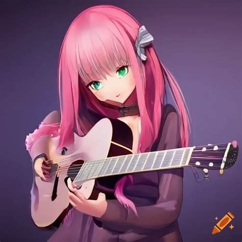 Anime girl with long pink hair playing the guitar on Craiyon