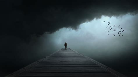 monster inside, digital art, people, birds, pier, black, artwork, dark, loneliness, sad, wooden ...