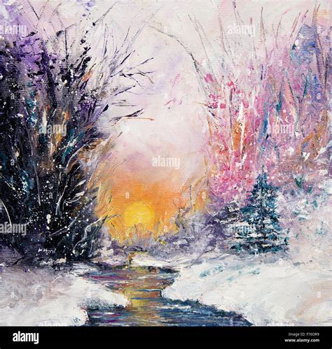 Original abstract oil painting of beautiful winter landscape on canvas.Winter scene.Modern ...