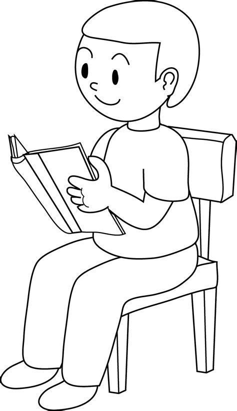 Line Art of Little Boy Reading - Free Clip Art