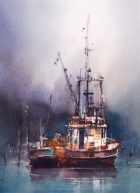 Watercolor Painting of moored fishing boat showing contrasting brush marks #fishingboats ...