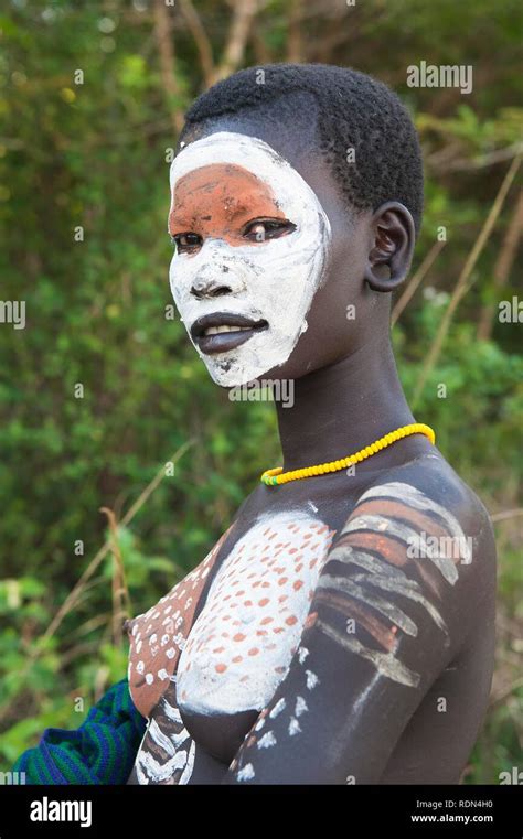 Surma woman with facial and body painting, Kibish, Omo River Valley, Ethiopia, Africa Stock ...