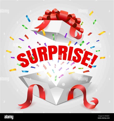 Surprise box. Vector open gift box with surprise text and red ribbon isolated on white ...