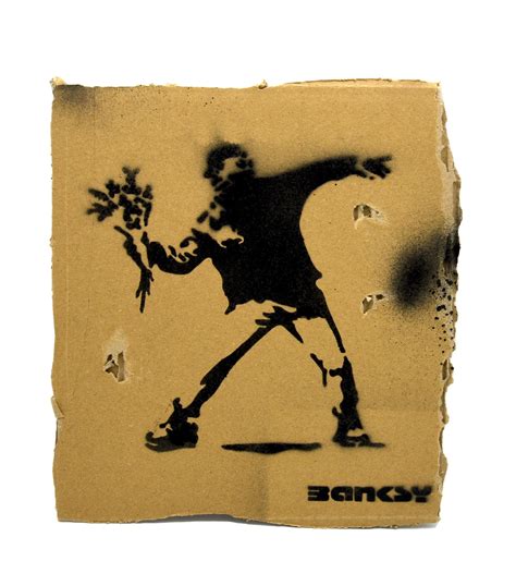 Banksy FLOWER THROWER sprayed stencil graffiti su cartone, cm 28x5 sul retro:... | ITINERIS CASA ...